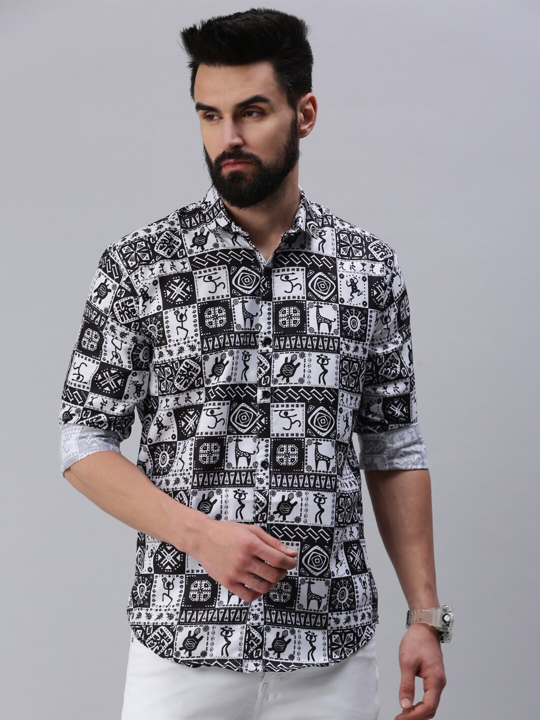 

Rodzen Men Slim Fit Conversational Printed Cotton Casual Shirt, White