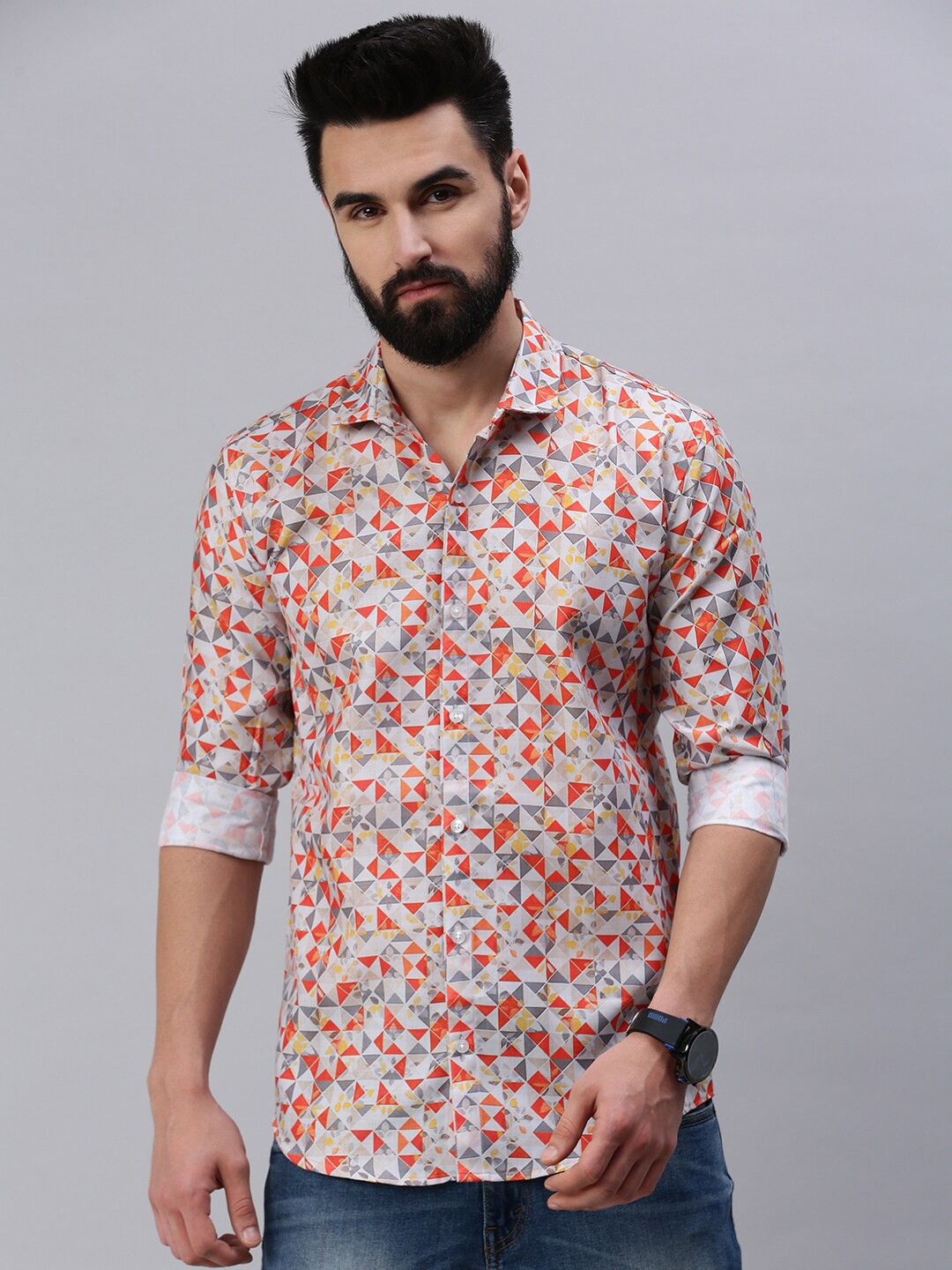

Rodzen Men Slim Fit Printed Casual Shirt, Beige