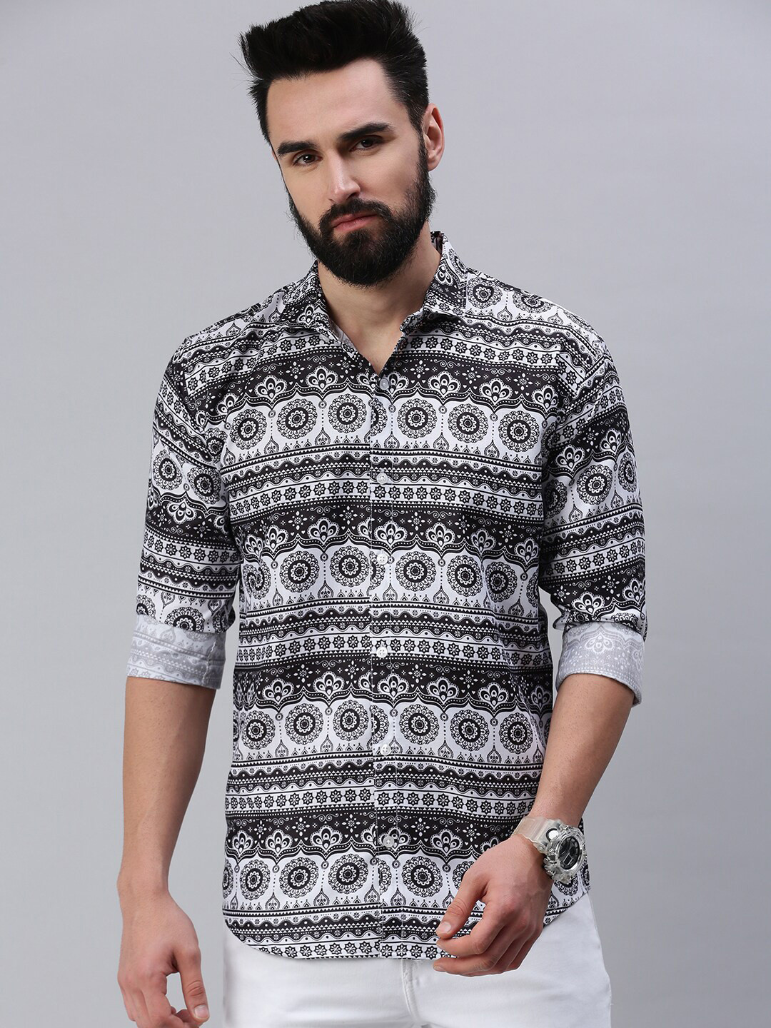 

Rodzen Men Standard Slim Fit Printed Casual Cotton Shirt, Black