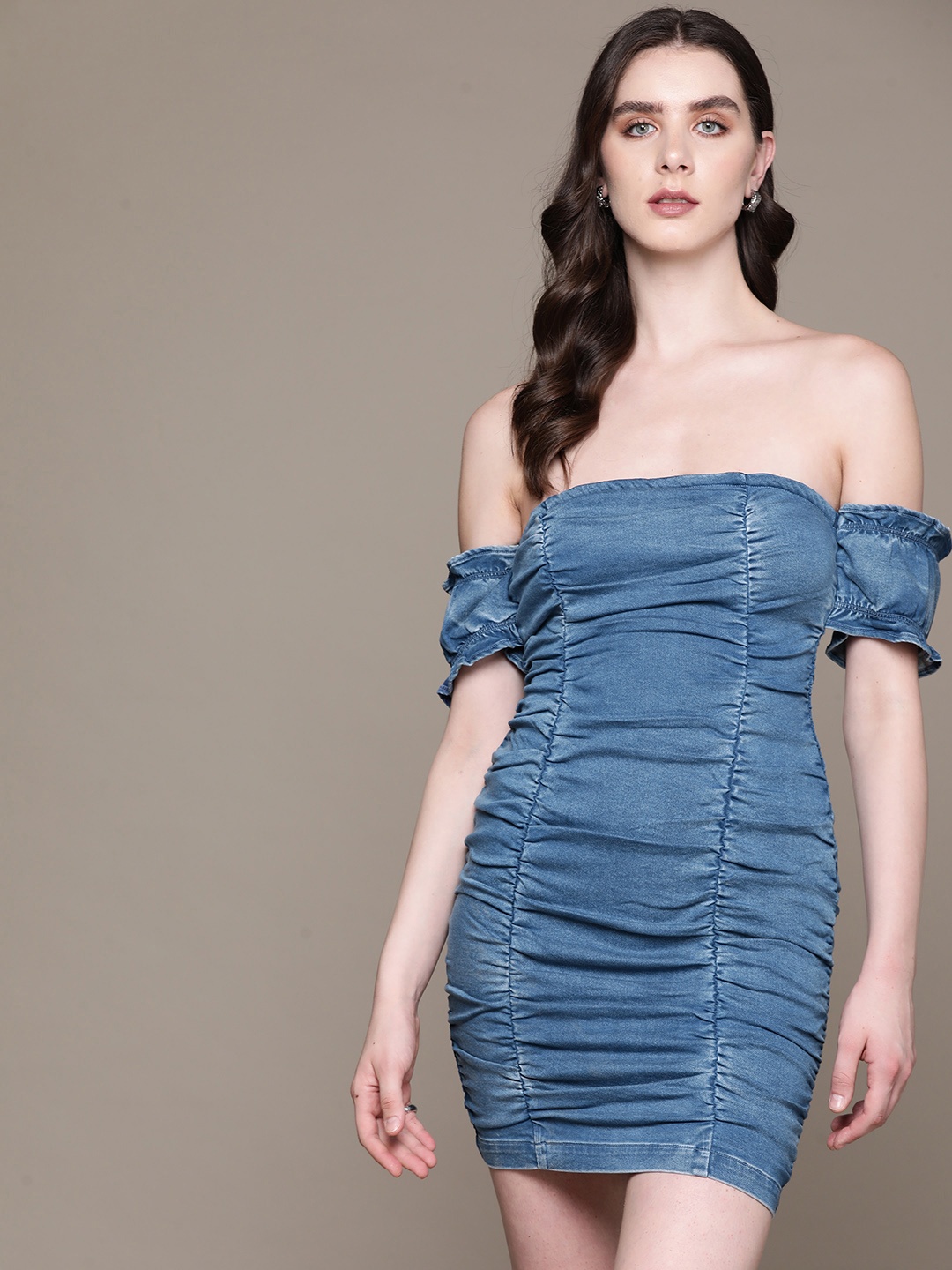 

bebe Indigo Denim Daze Off-Shoulder Ruched Bodycon Mini Dress, Blue