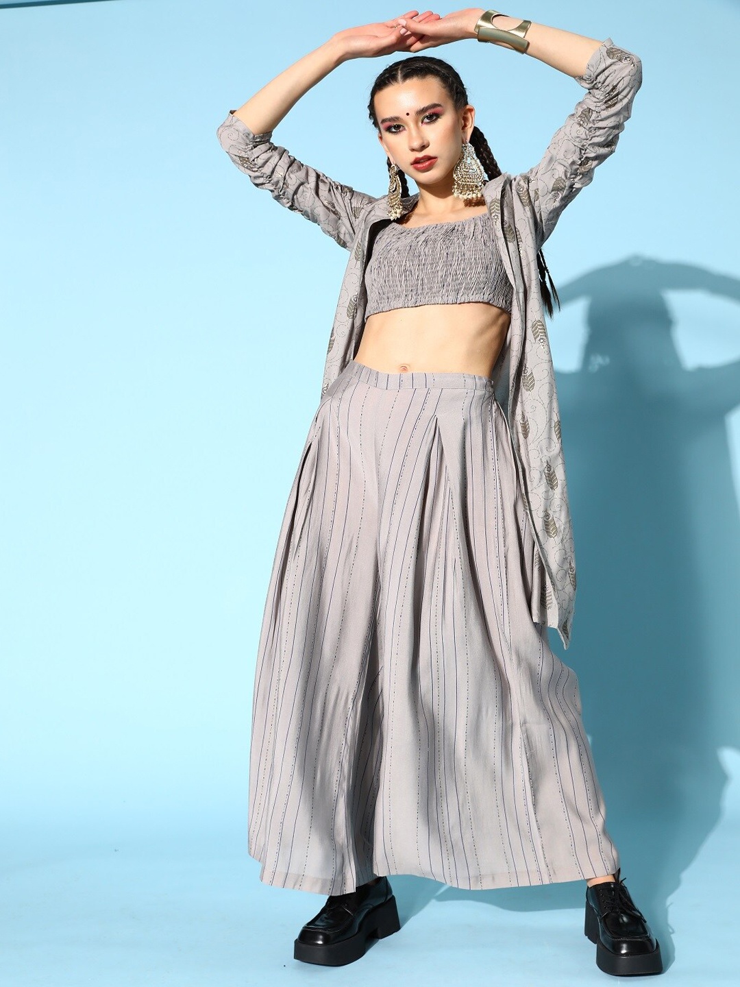 

kipek Women Striped Cotton Top with Palazzos & Jacket, Grey