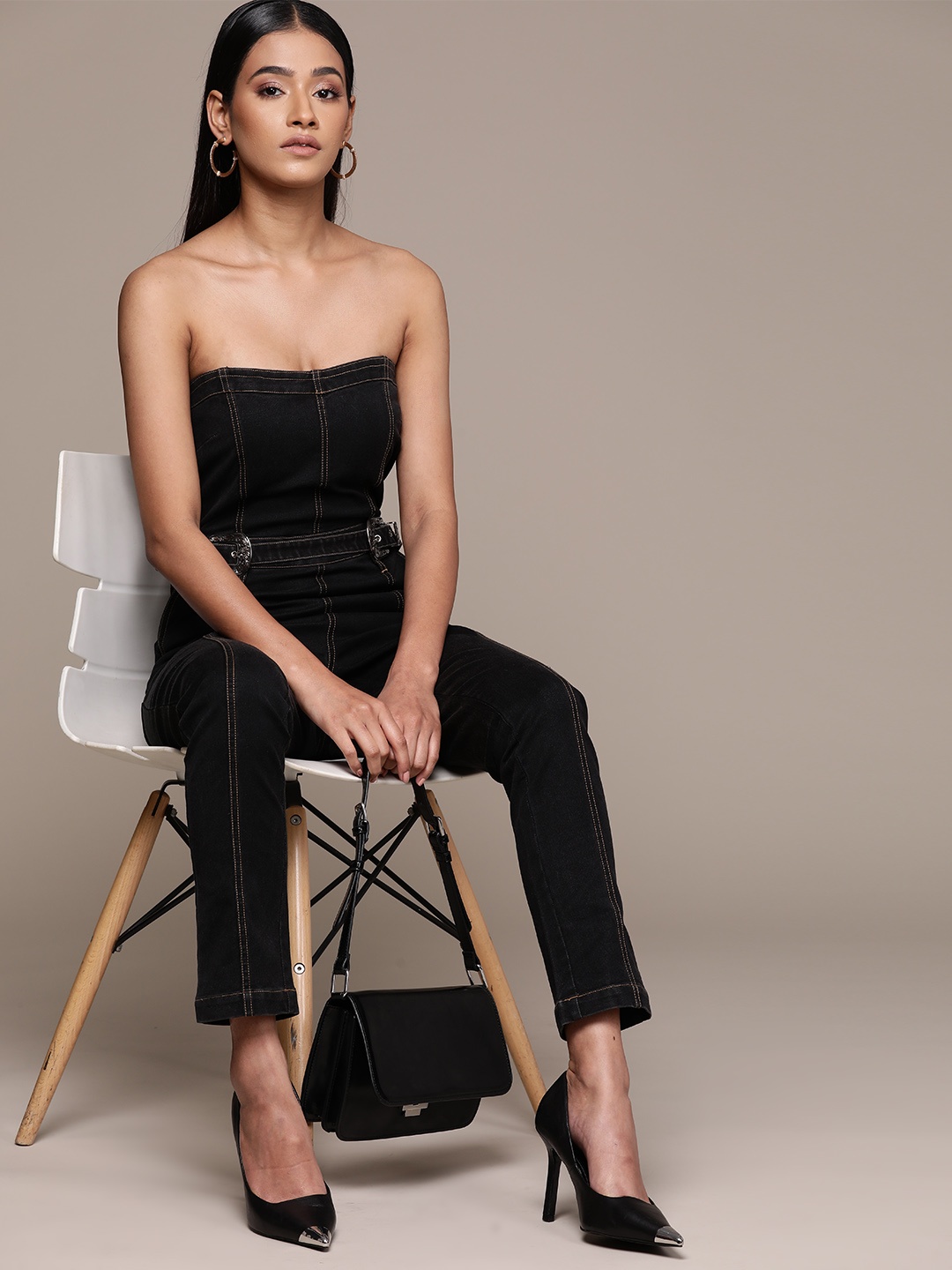 

bebe Black Denim Daze Strapless Jumpsuit with Belt