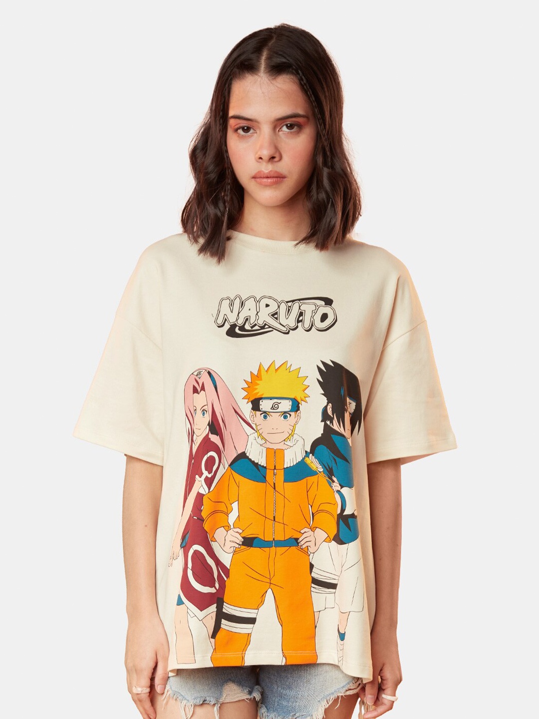

The Souled Store Women Naruto Printed Oversize Fit Cotton Oversized T-shirt, Peach