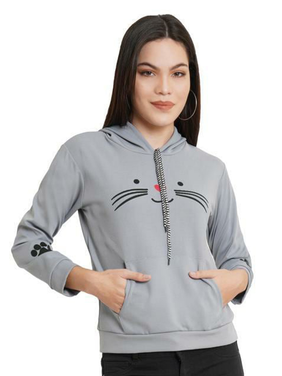 

KALINI Women Printed Hooded Sweatshirt, Grey