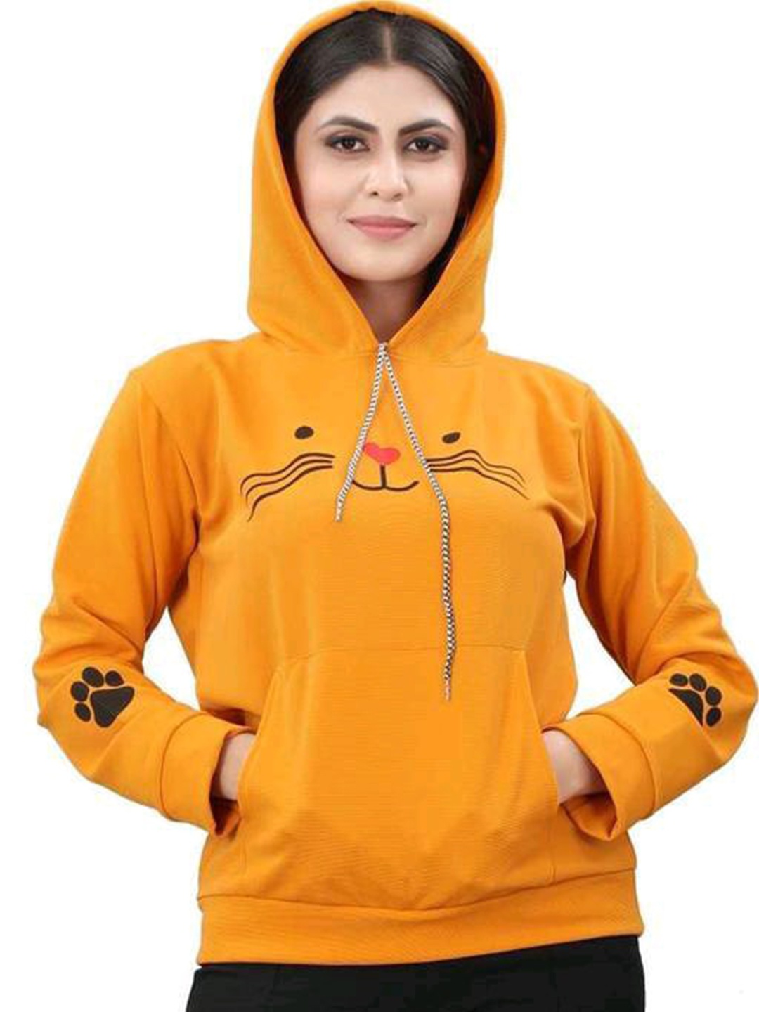 

KALINI Women Printed Hooded Sweatshirt, Mustard