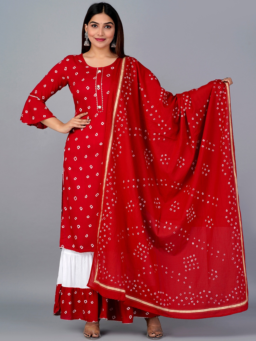 

KALINI Bandhani Printed Gotta Patti Kurta with Sharara & Dupatta, Red