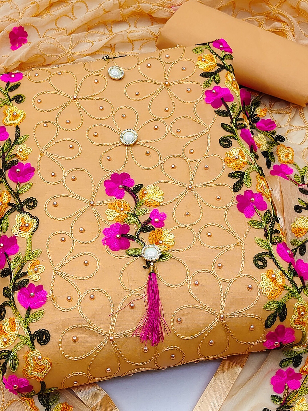 

GUNVANTI FAB Embroidered Unstitched Dress Material, Beige