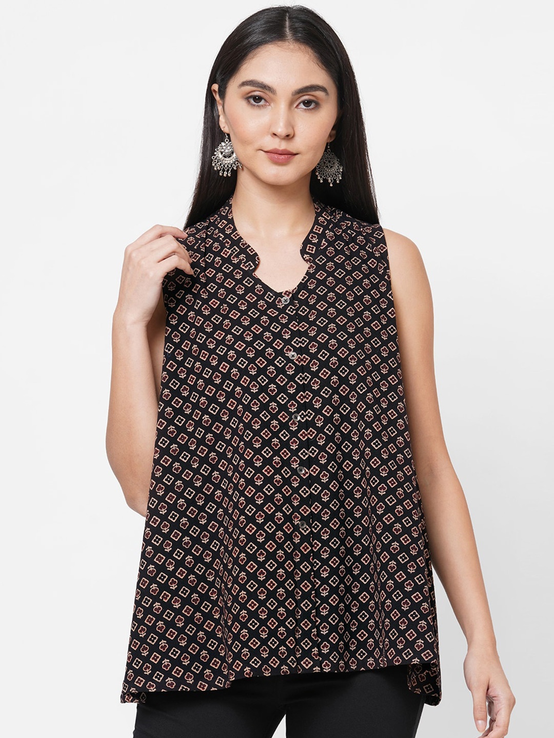 

KAMI KUBI Mandarin Collar Printed Tunic, Black