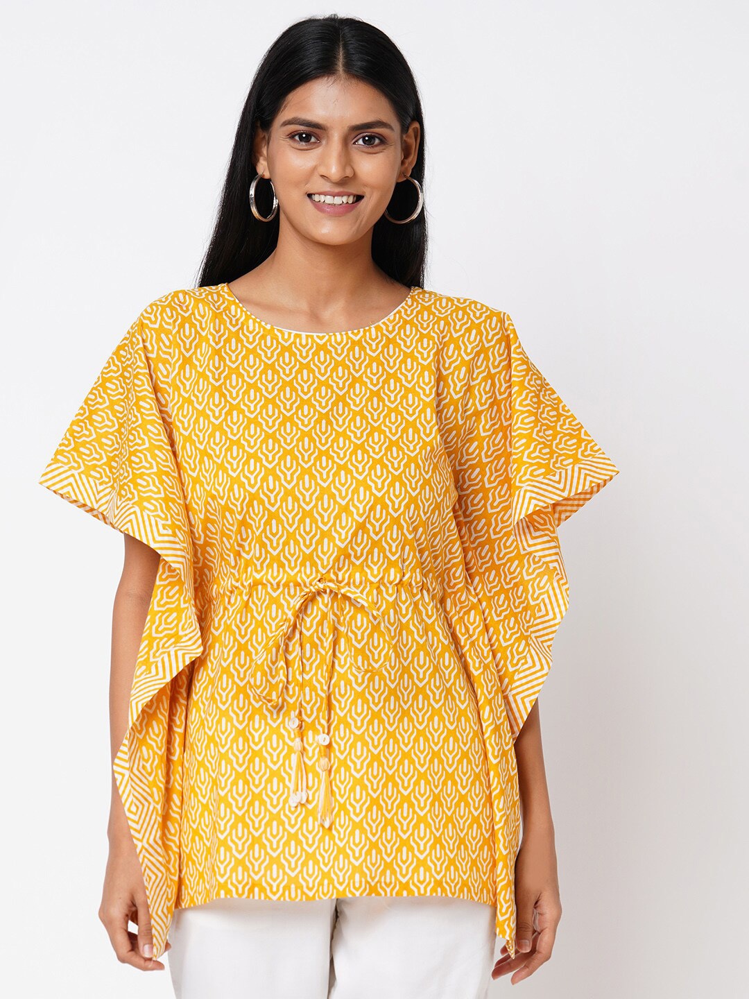 

KAMI KUBI Print Pure Cotton Kaftan Top, Yellow