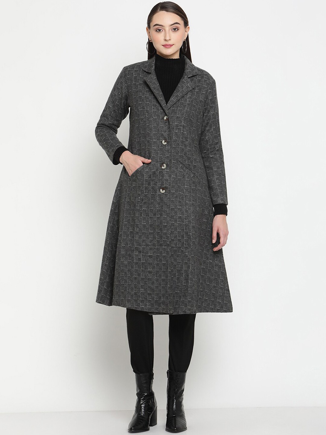 

Be Indi Women Checked Acrylic A-Line Over Coats, Grey