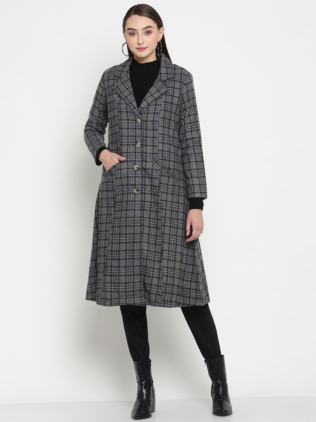 

Be Indi Women Checked Acrylic A-Line Overcoat, Grey