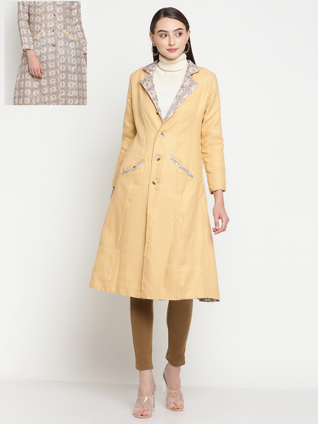 

Be Indi Women Printed Acrylic Knee-Length Reversible Overcoat, Beige