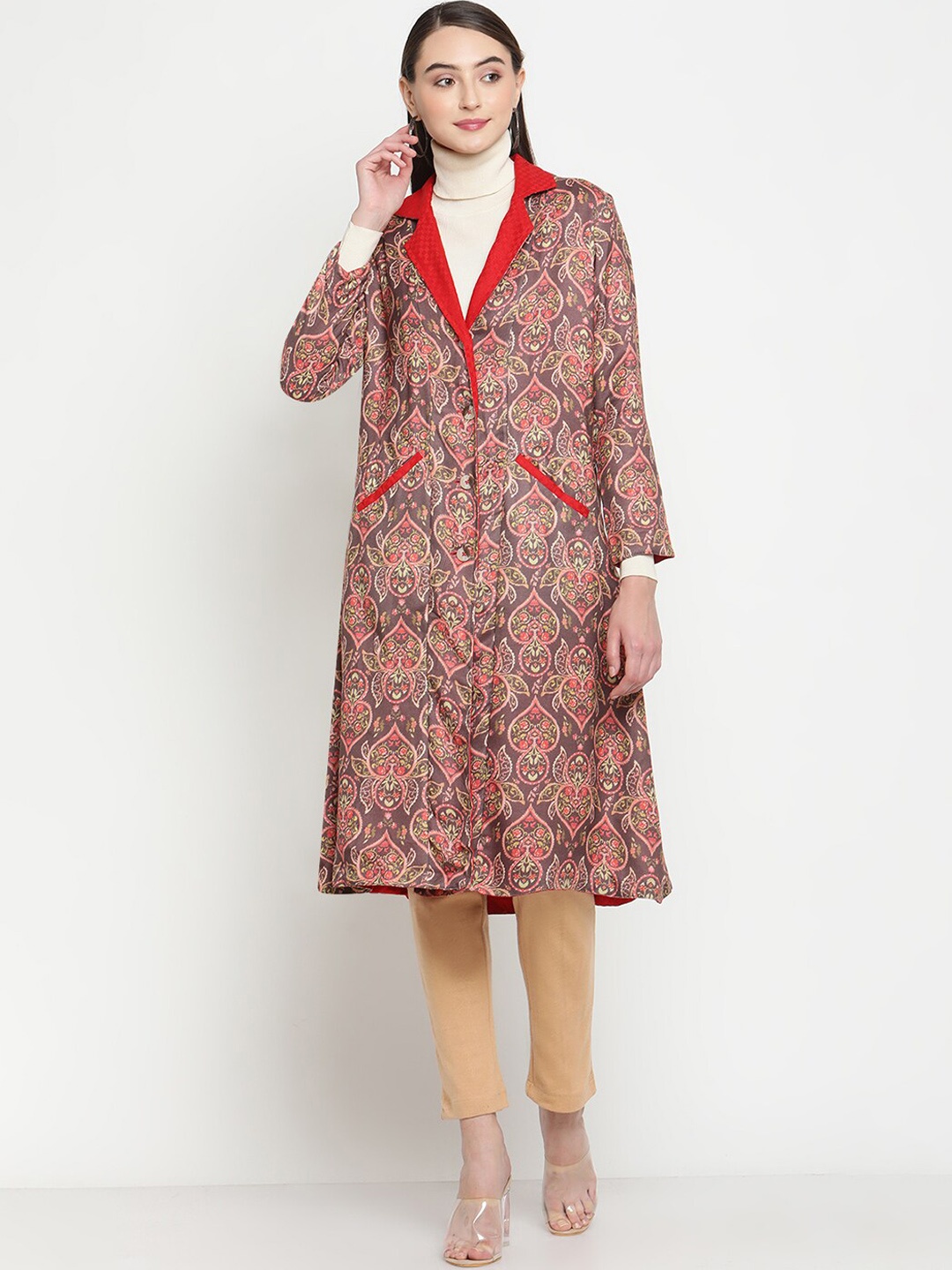 

Be Indi Women Printed Acrylic Single-Breasted Reversible Overcoat, Red