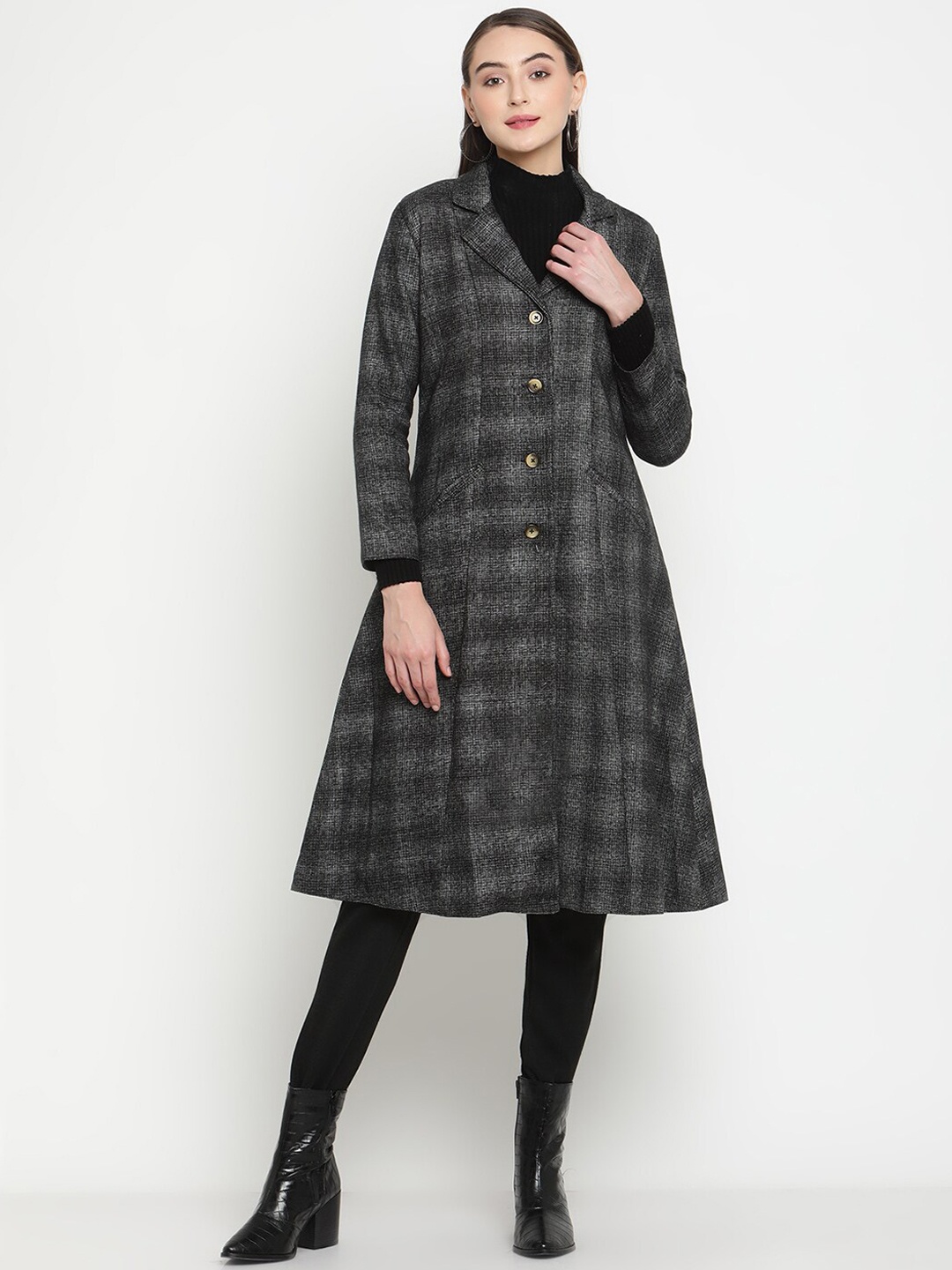 

Be Indi Women Checked Acrylic A-Line Overcoat, Black