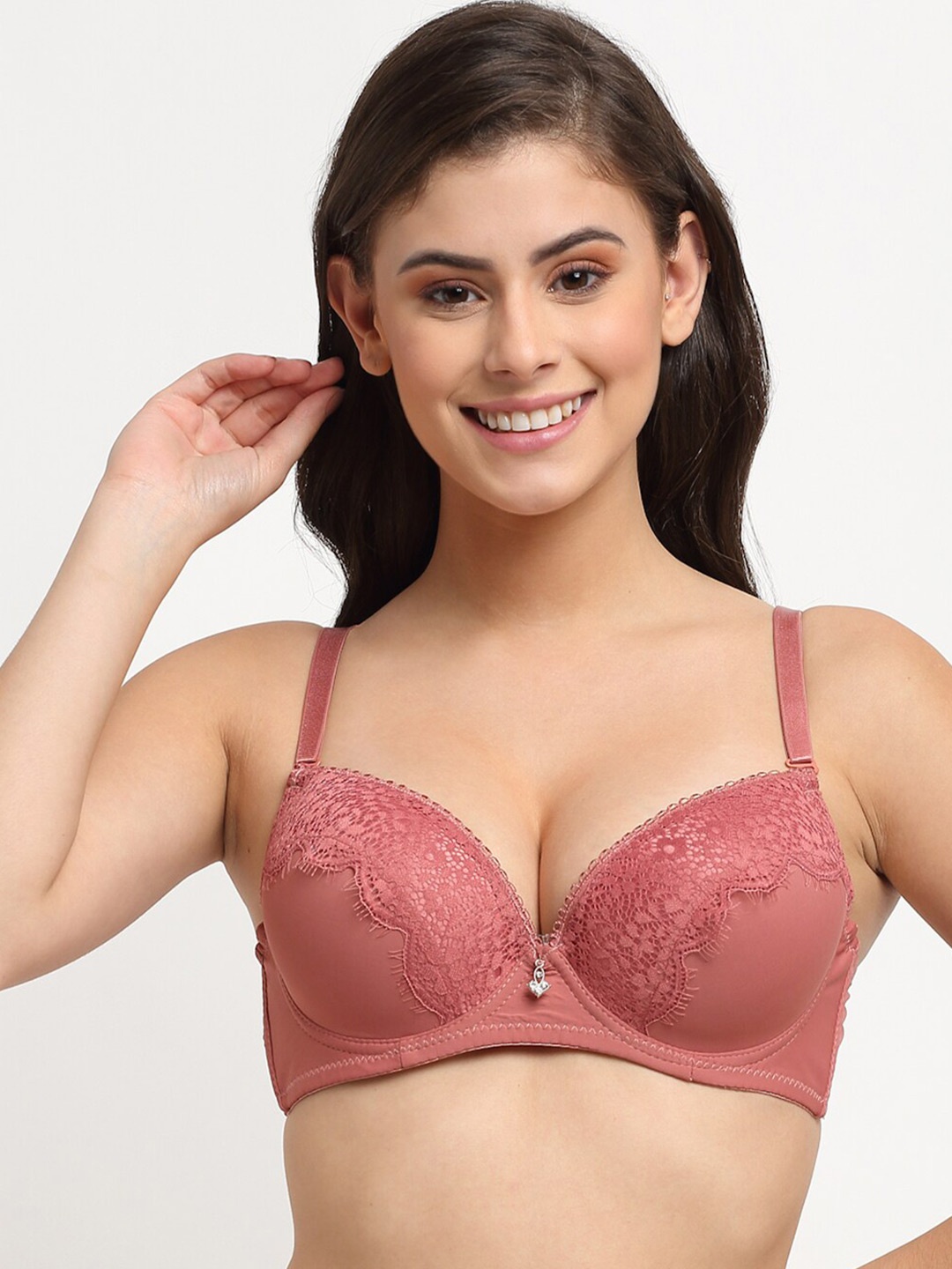 

MAKCLAN Floral Underwired Lightly Padded Plunge Bra, Coral