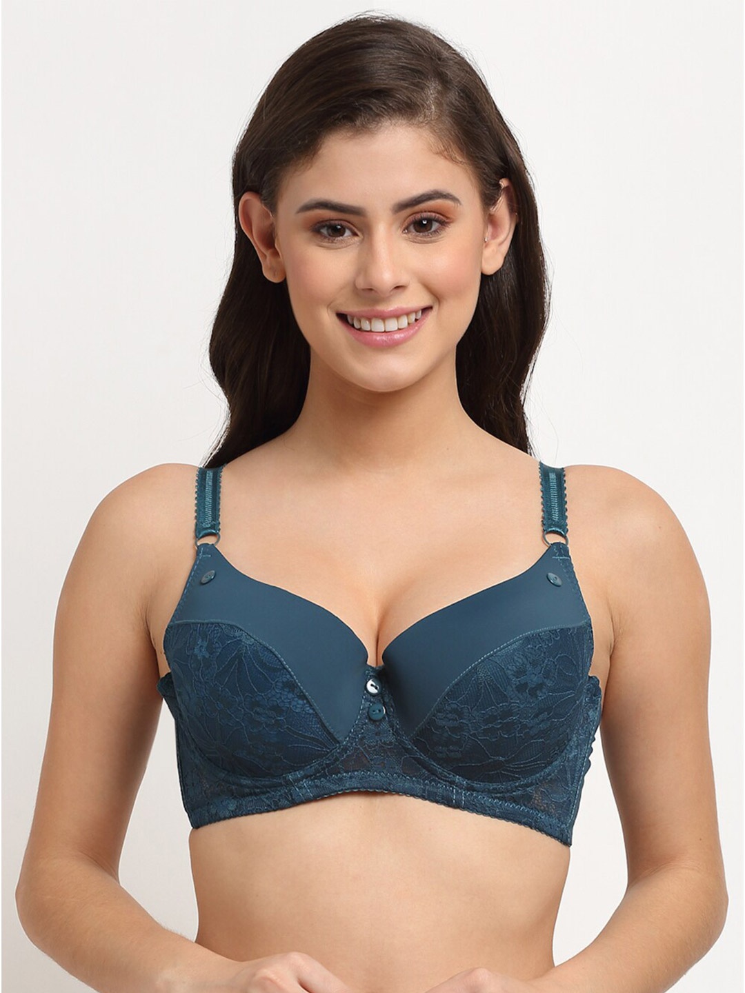 

MAKCLAN Floral Plunge Bra - Underwired Lightly Padded, Teal