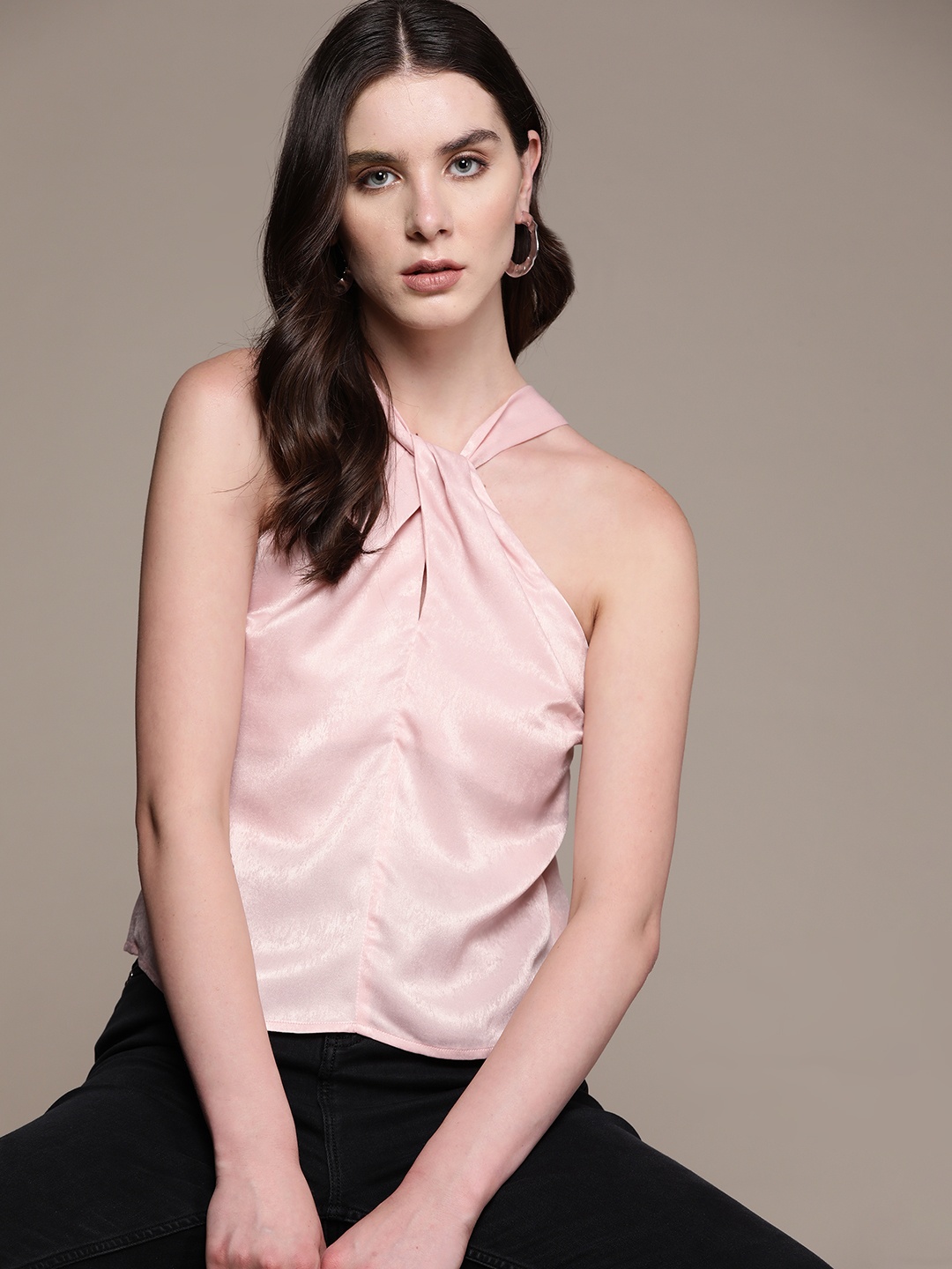 

bebe Soft Romance Halter Neck Twisted Detail Satin Finish Top, Pink