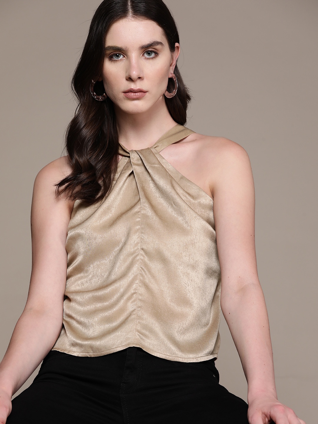 

bebe Soft Romance Halter Neck Twisted Detail Satin Finish Top, Taupe