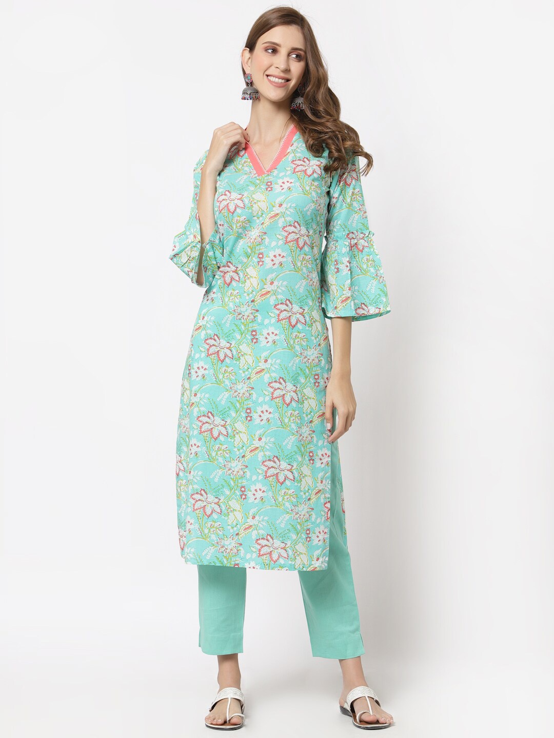 

KAMI KUBI Women Floral Striped Bell Sleeves Kurta, Green