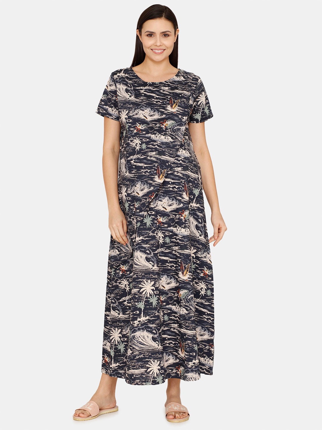 

Coucou by Zivame Printed Maxi Nightdress, Grey