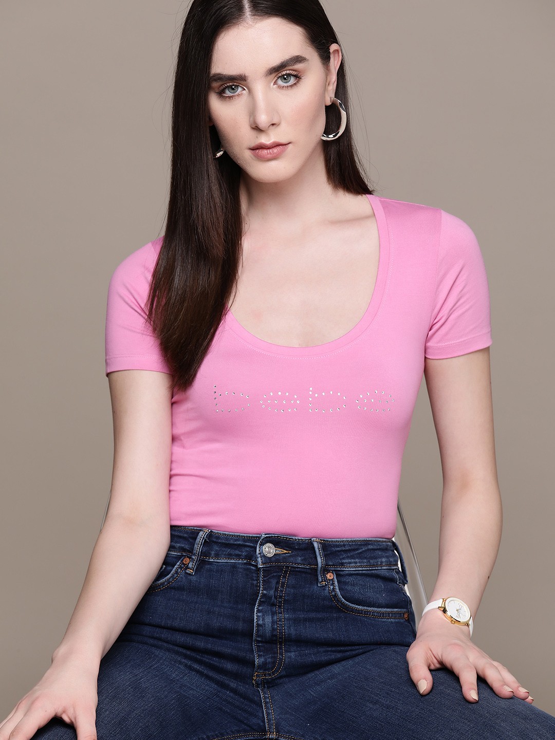 

bebe Women Season Staples Brand Logo Embellished T-shirt, Pink