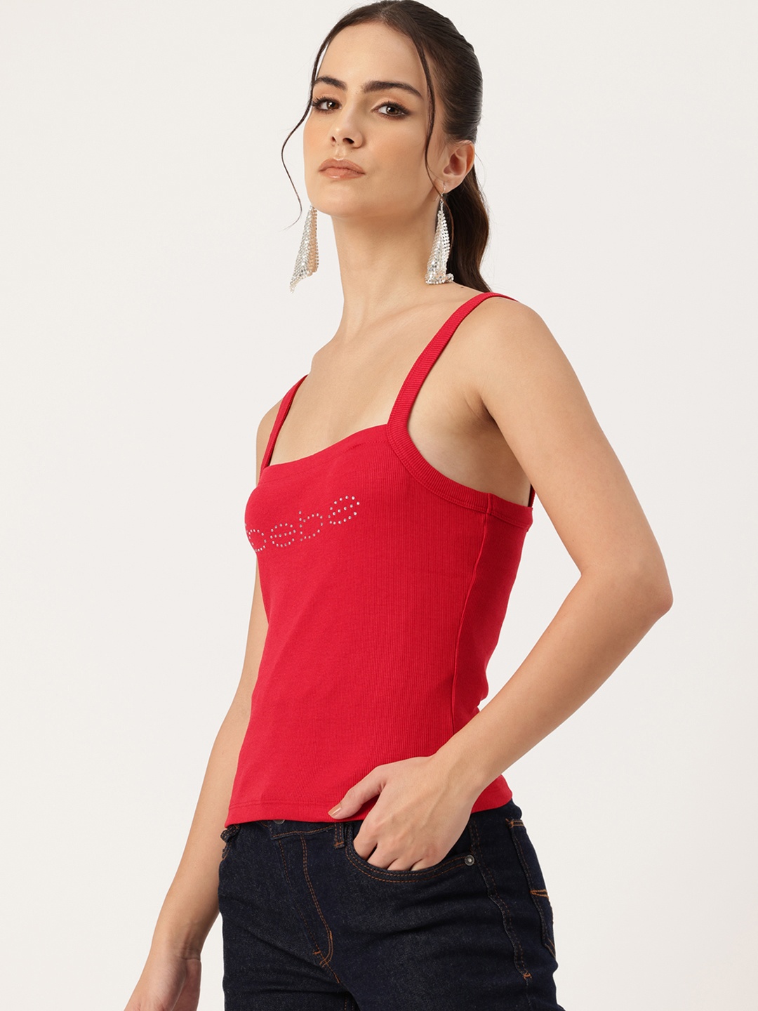 

bebe Season Staples Ribbed Shoulder Straps Top, Red