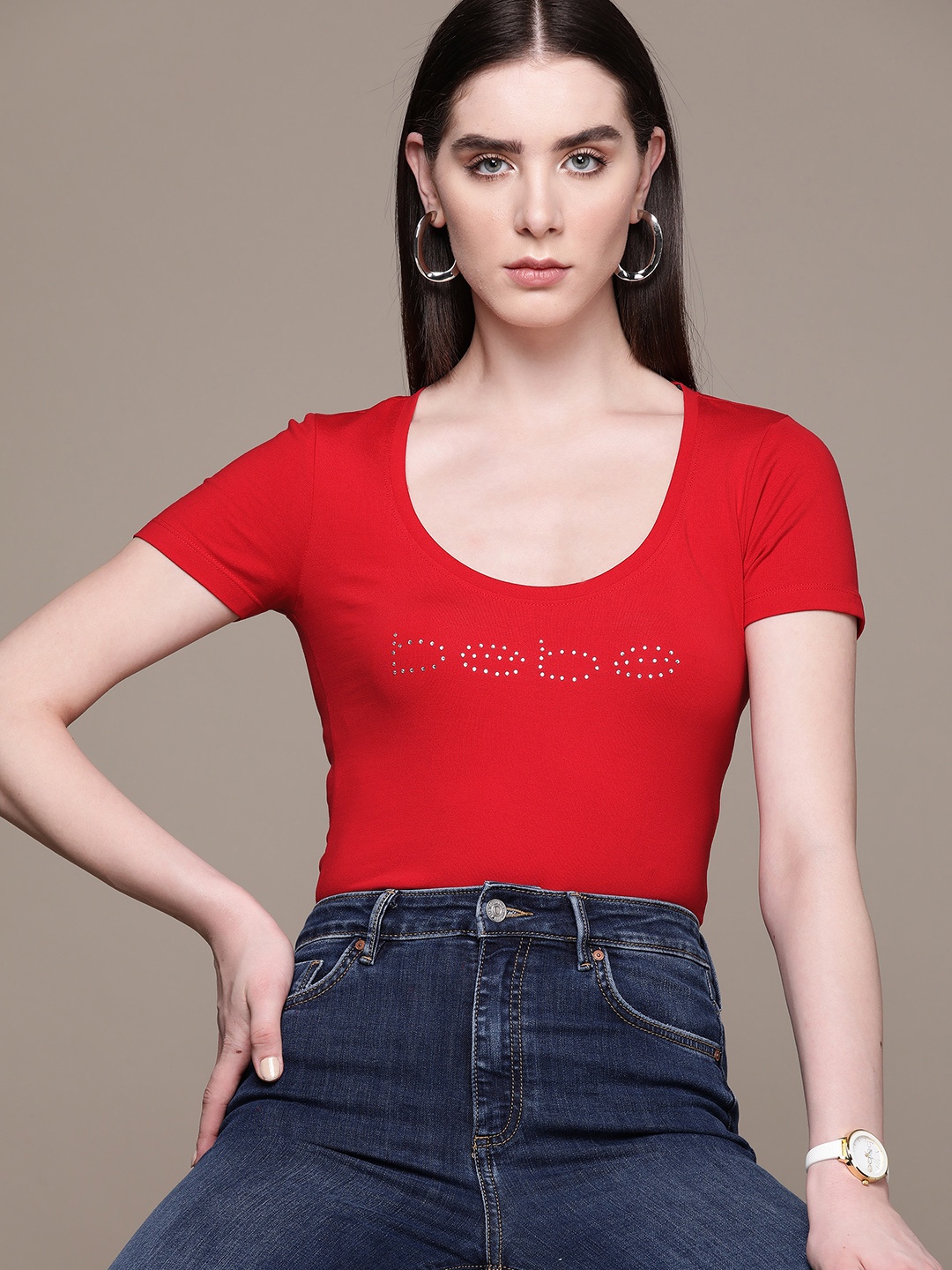 

bebe Women Brighter Basics Brand Logo Embellished T-shirt, Red