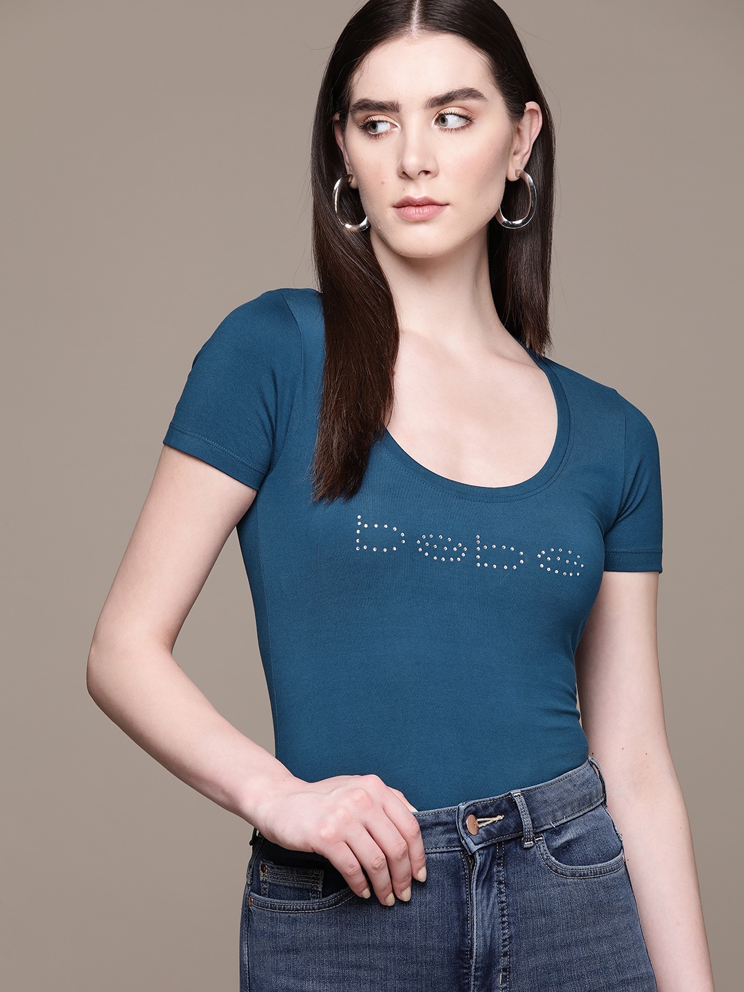 

bebe Women Brighter Basics Brand Logo Embellished T-shirt, Teal