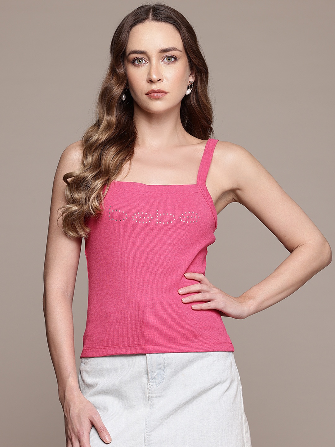 

bebe Season Staples Brand Logo Embellished Top, Pink