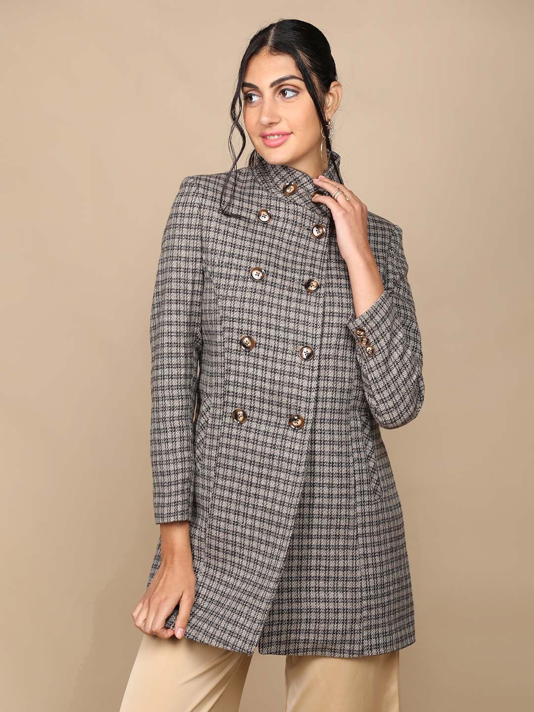 

Dlanxa Women Checked Double-Breasted Winter Overcoat, Grey