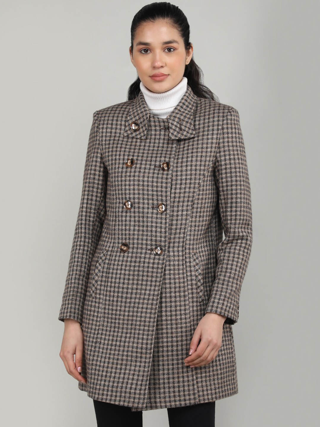 

DLANXA Women Checked Double-Breasted Winter Longline Overcoat, Brown
