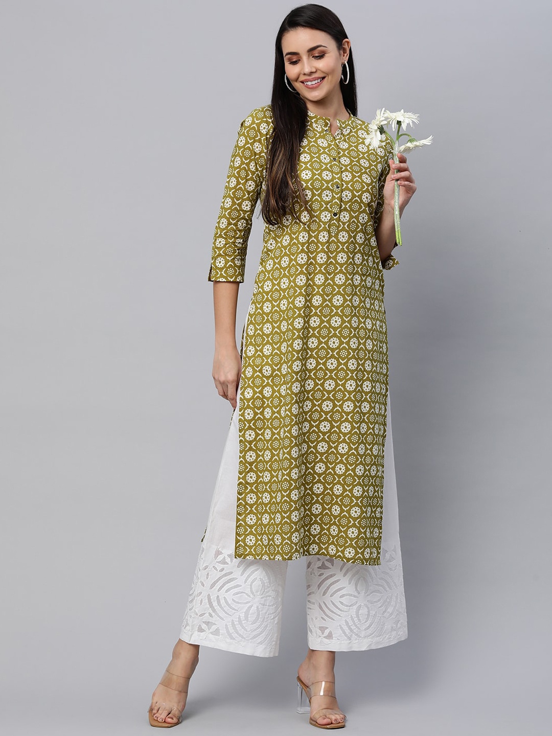 

KAMI KUBI Women Printed Indie Prints Pure Cotton Kurta, Olive