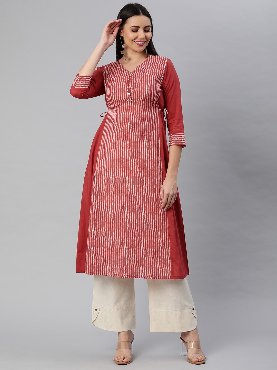 

KAMI KUBI Women Striped Pure Cotton Kurta, Maroon