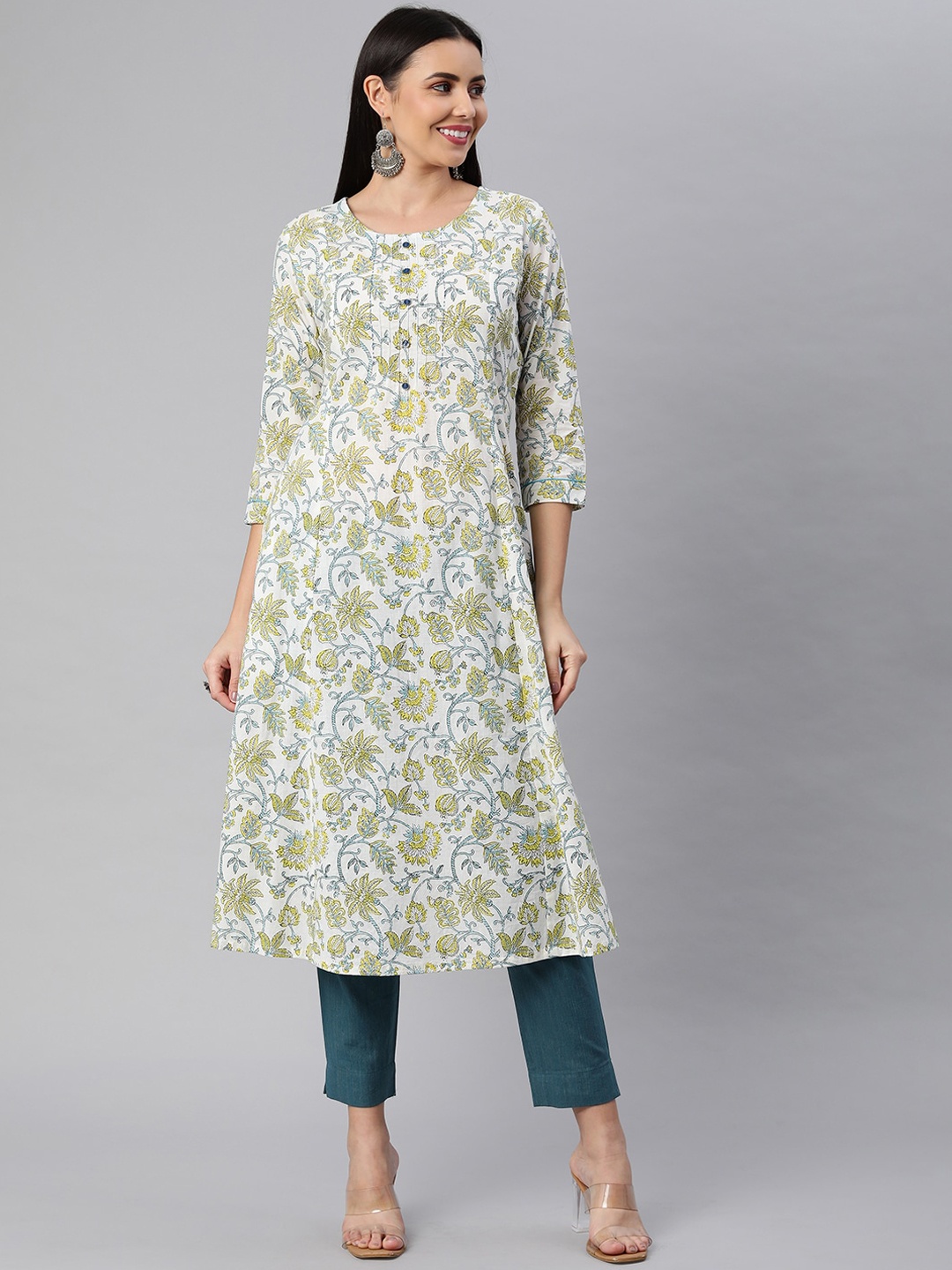 

KAMI KUBI Floral Printed Thread Work Cotton Kurta, White