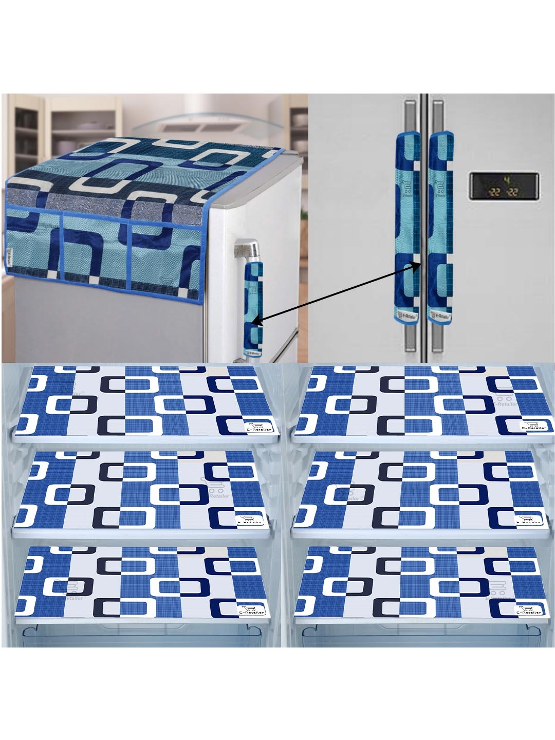 

E-Retailer Exclusive 9 Pcs Blue & White Printed Refrigerator Appliances Cover Combo