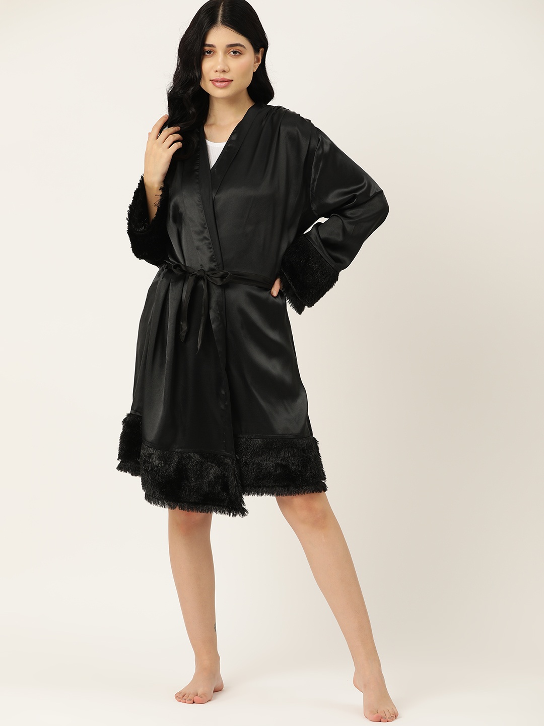 

ETC Women Satin Finish Faux Fur Trim Robe with Belt, Black