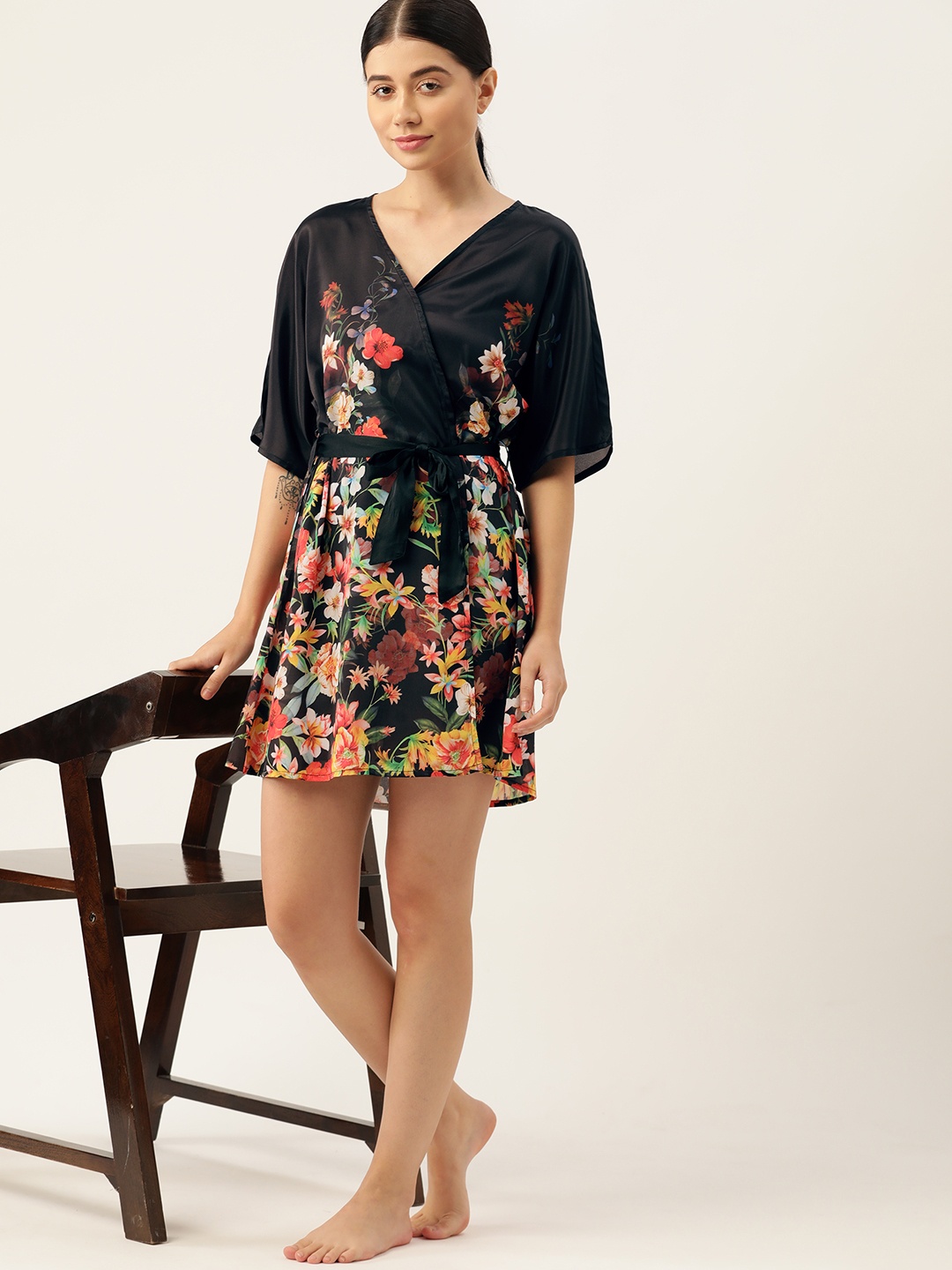 

ETC Floral Printed Satin Finish Bathrobe, Black