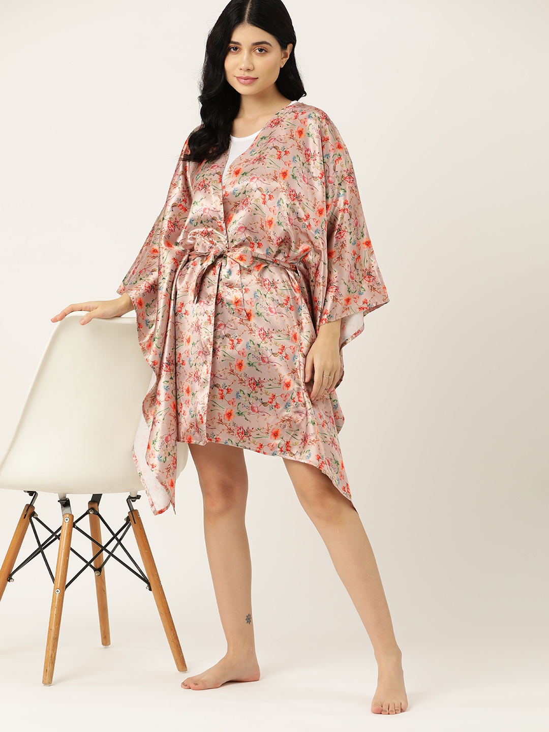

ETC Women Floral Print Kaftan Robe with Belt, Cream