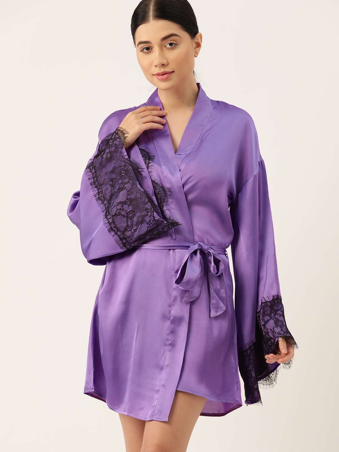 

ETC Satin Finish Lace Inserted Kimono Sleeves Bathrobe, Purple