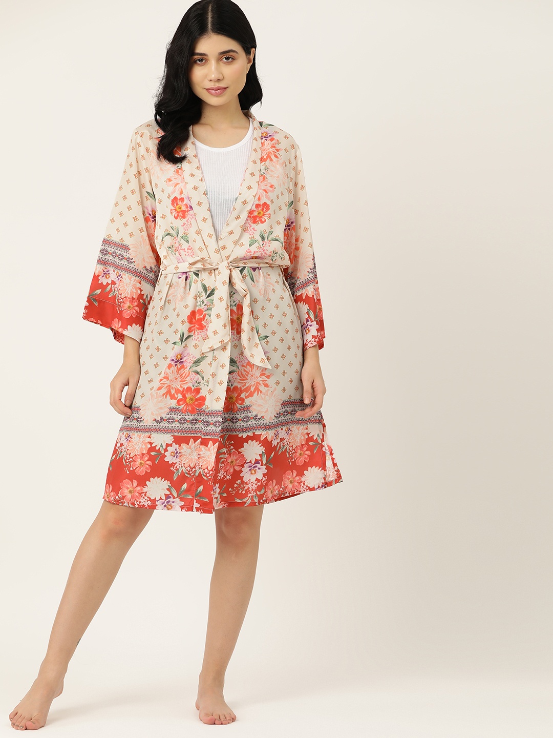 

ETC Women Floral Print Robe with Belt, Cream