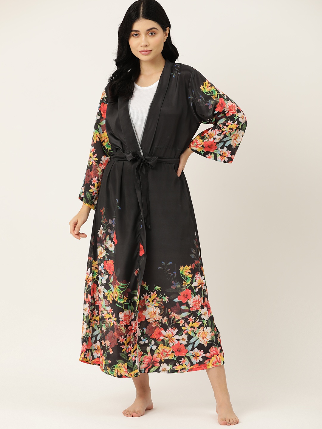 

ETC Women Floral Print Longline Robe with Belt, Black