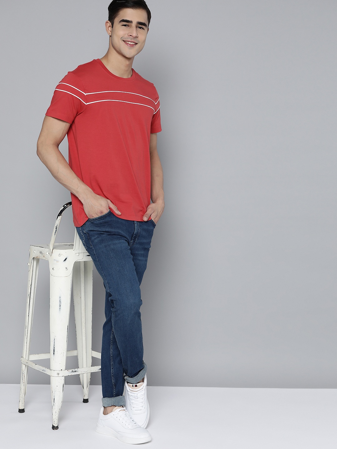 

Mast & Harbour Men Pure Cotton Striped T-shirt, Red