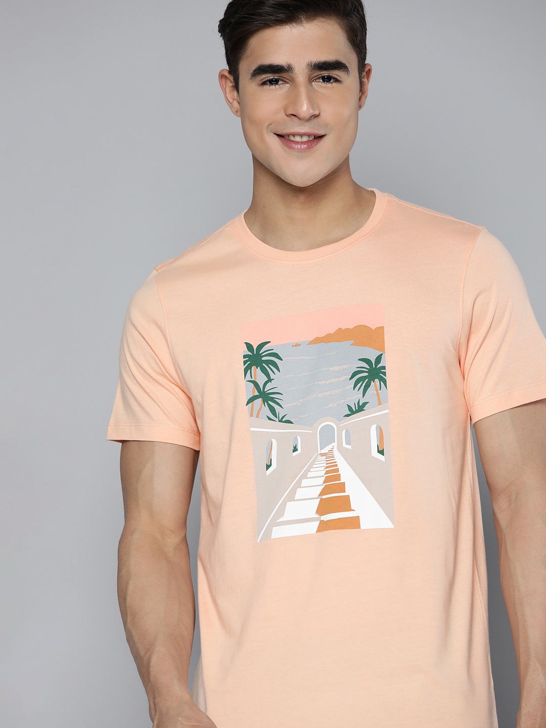 

Mast & Harbour Graphic Printed Pure Cotton T-shirt, Peach