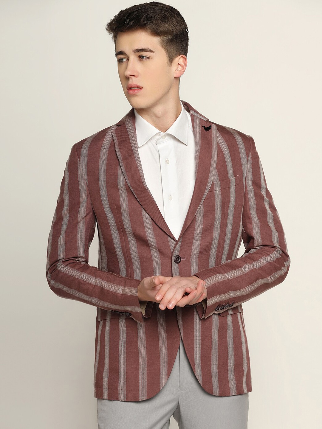 

Blackberrys Men Striped Slim-Fit Single-Breasted Blazer, Pink