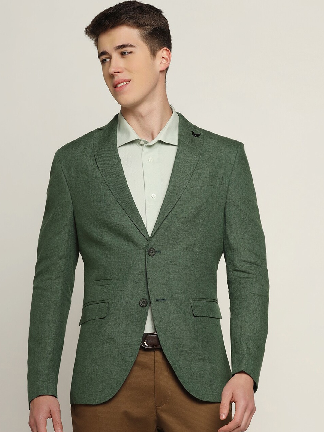 

Blackberrys Men Linen Slim-Fit Single-Breasted Blazer, Green