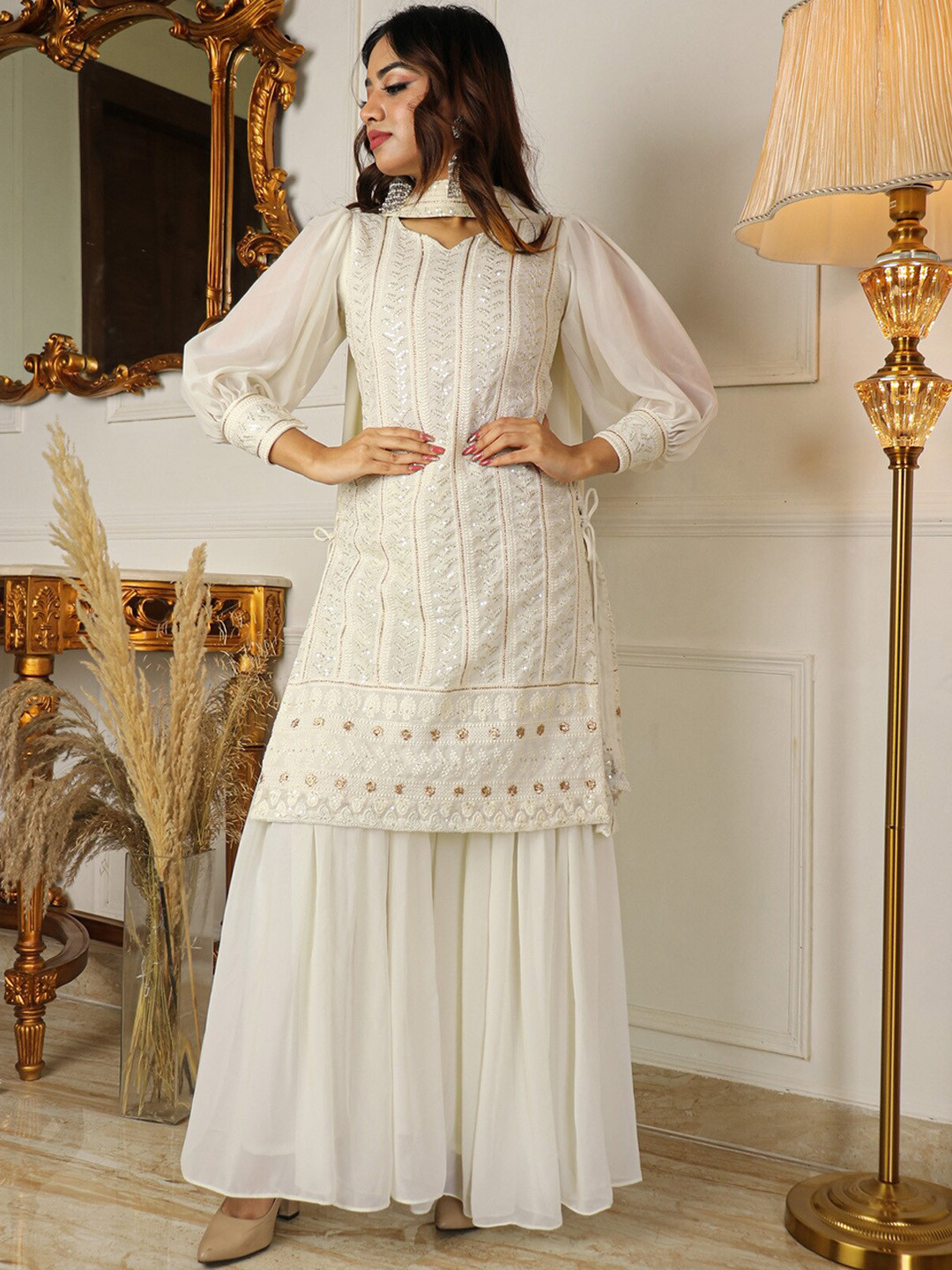 

Virah Fashion Women Embroidered Sequinned Kurta with Sharara & Dupatta, White