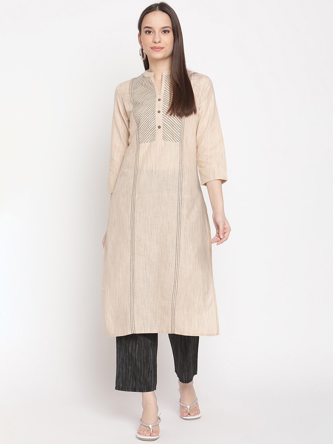 

Be Indi Women Panelled Thread Work Pure Cotton Kurta with Trousers, Beige