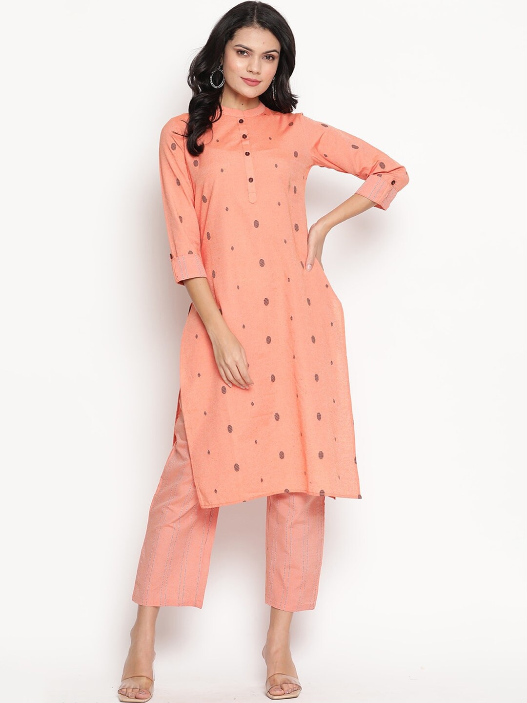 

Be Indi Women Geometric Woven Design Straight Kurta with Trousers, Peach