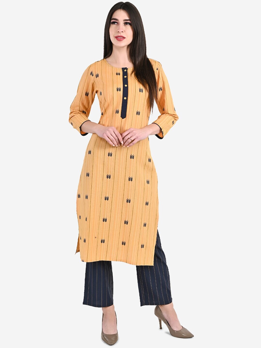 

Be Indi Women Self Design Round Neck Kurta with Trousers, Yellow