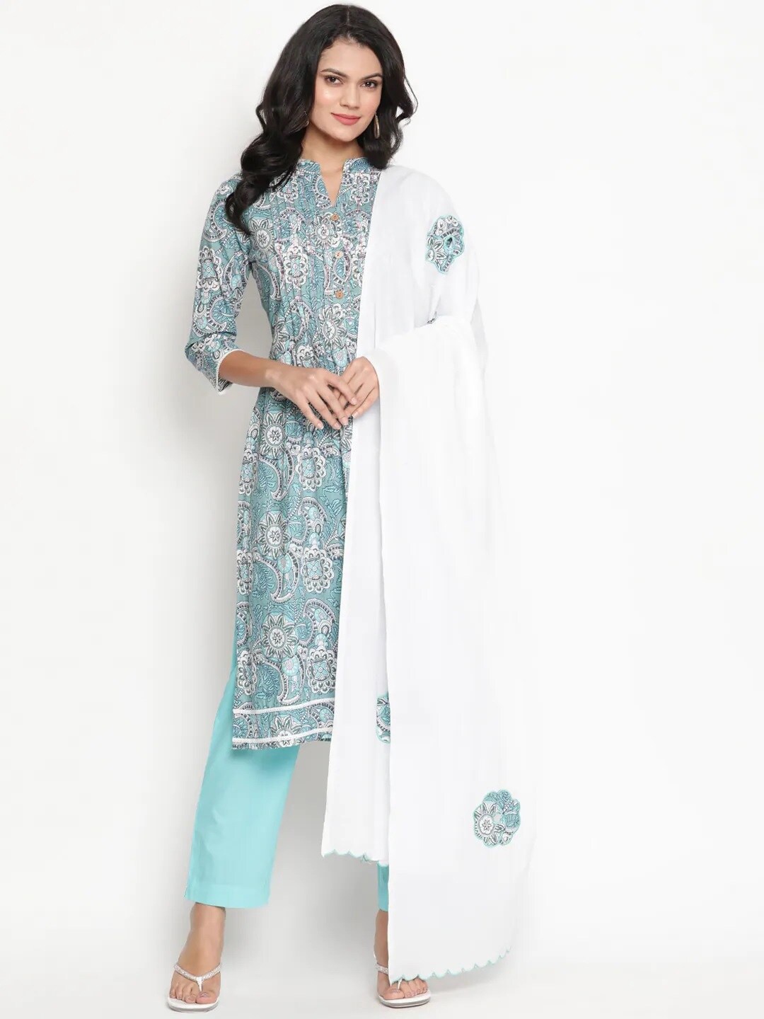 

Be Indi Women Floral Printed Straight Kurta with Trousers & Dupatta, Turquoise blue